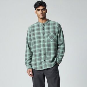 Dry Goods Supply Co. Mens Flannel Shirt M Green Gray Plaid Band Collar Button Up